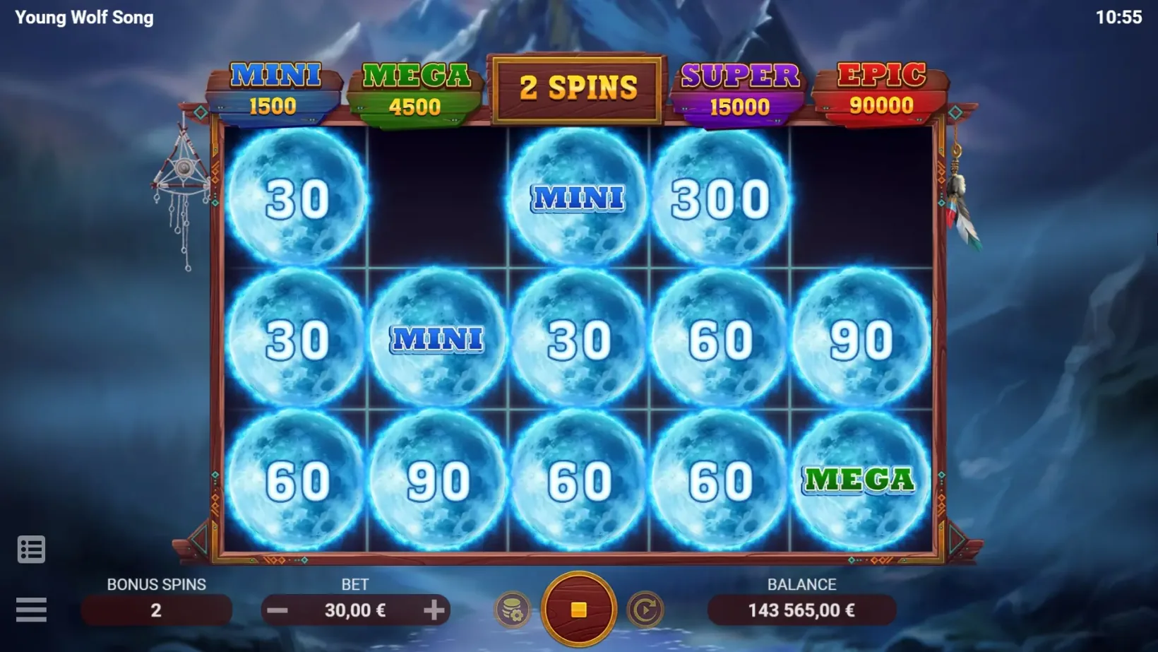 Young Wolf Song bonus screen with blue moon symbols locked across the reels and the four jackpot panels above the grid