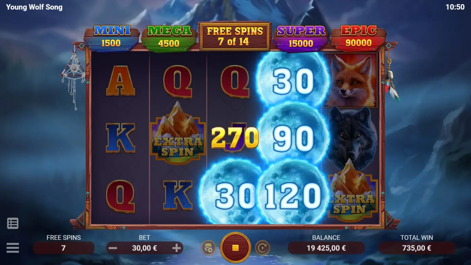 The Young Wolf Song free spins round with the spin counter, an Extra Spin tile on the reels and blue moons carrying cash values