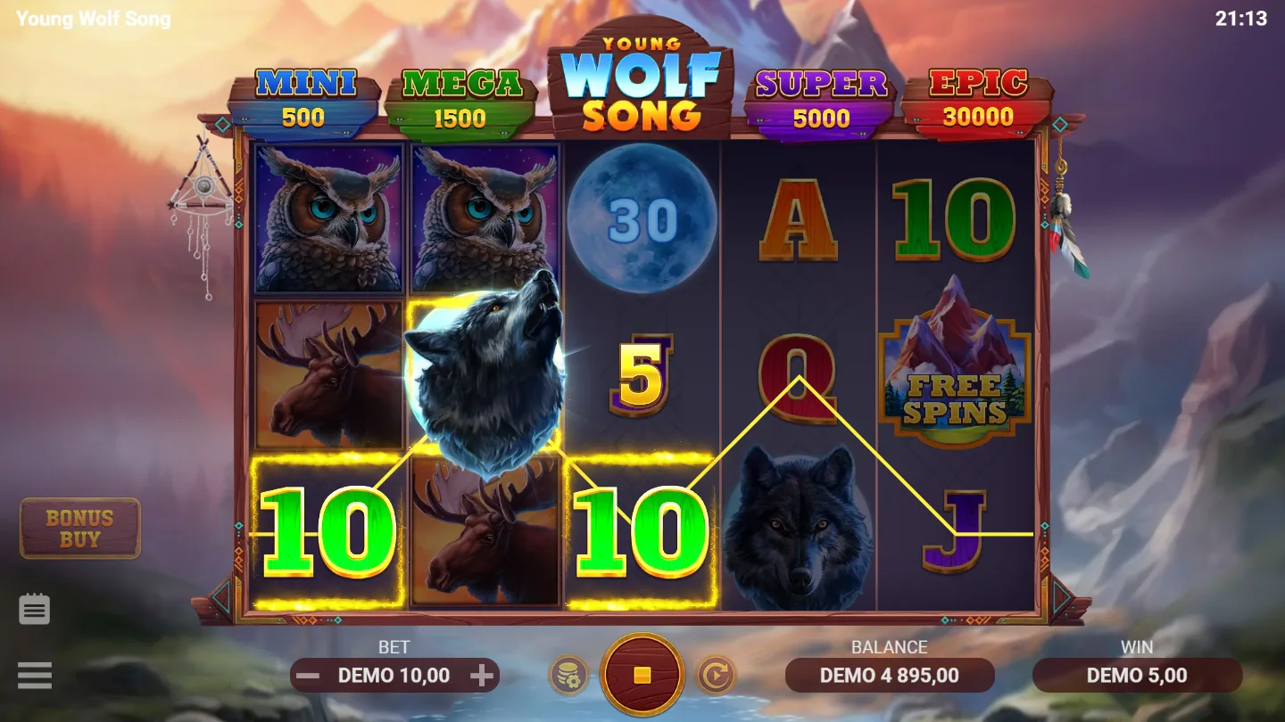 The Young Wolf Song grid in play with a winning line, the four jackpot panels above the reels and the bonus buy tab at the side