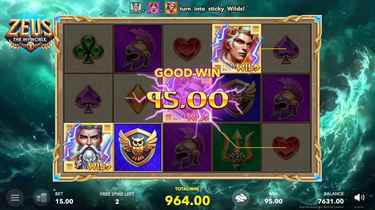 Zeus the Invincible free spins with sticky Wild gods