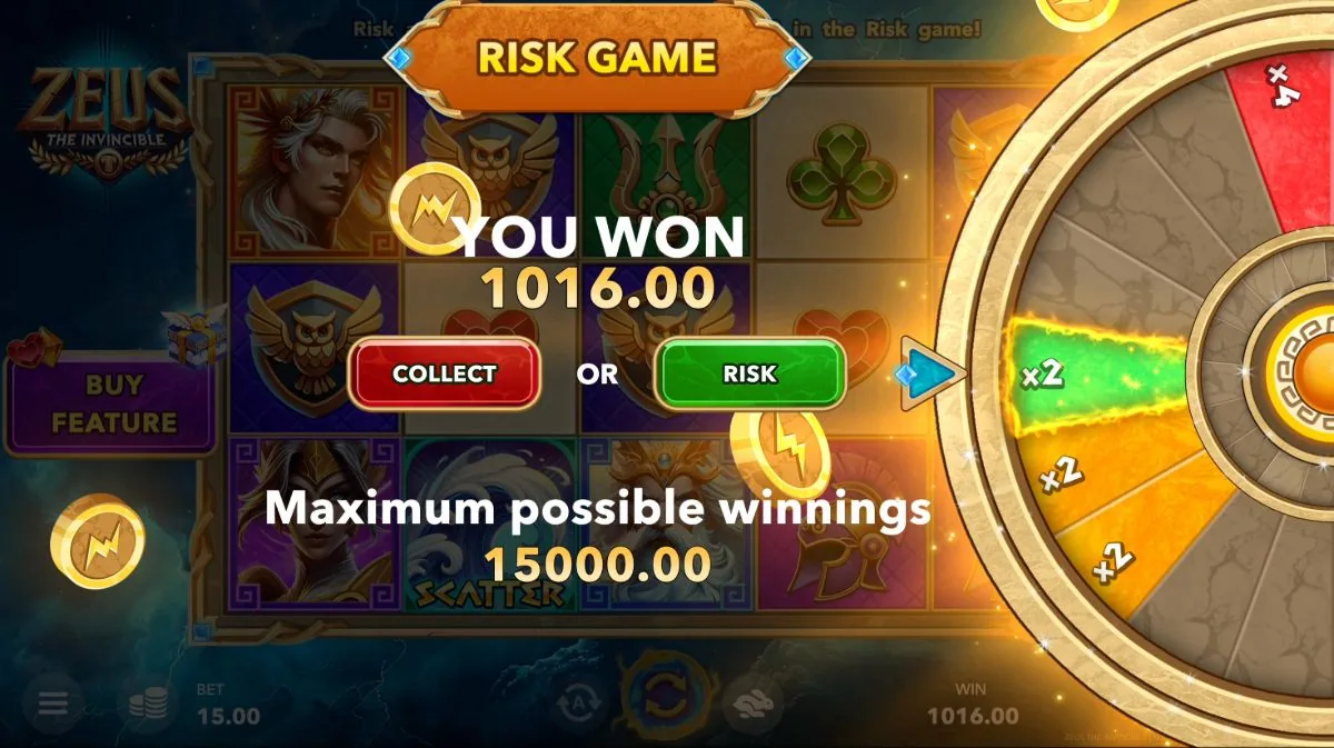 Zeus the Invincible Risk Wheel gamble feature