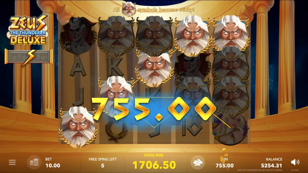 Zeus the Thunderer Deluxe sticky Zeus free spins on the 5x4 grid