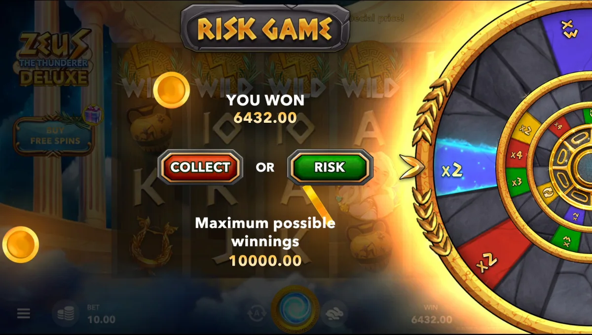 Zeus the Thunderer Deluxe Risk Wheel showing the x1000 cap