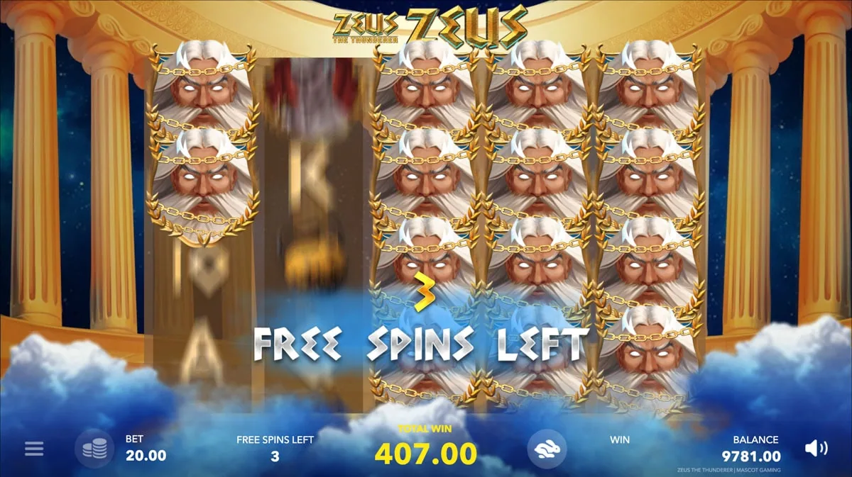 Zeus the Thunderer sticky Zeus free spins on the 5x4 grid