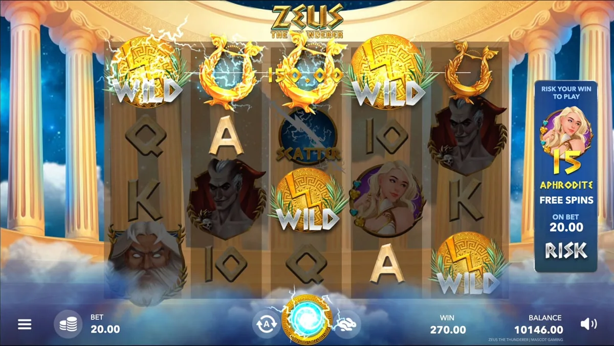 Zeus the Thunderer Risk and Buy panel with wild symbols in view